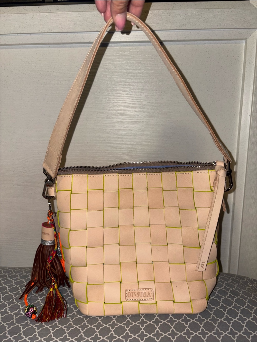 Consuela Nude Woven Leather Shoulder Bag with Neon Trim